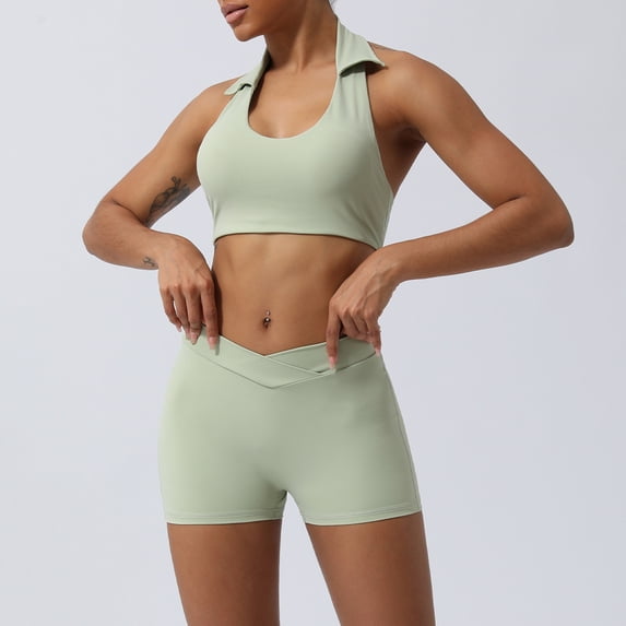 PISONIC 2 Piece Workout Sets for Women Halter Sports Bra Tank Gym Biker Shorts Outfits