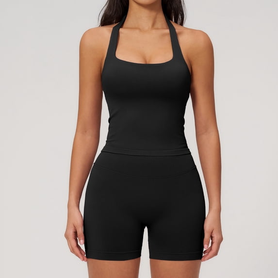 PISONIC 2 Piece Workout Sets for Women, Seamless Halter Tank Top and V Scrunch Butt Lifting High Waist Shorts Gym Set