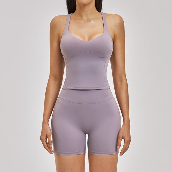PISONIC 2 Pieces Workout Sets for Women, Cross Back Tank Top and High Waist Booty Lifting Shorts Yoga Active Outfits Athletic