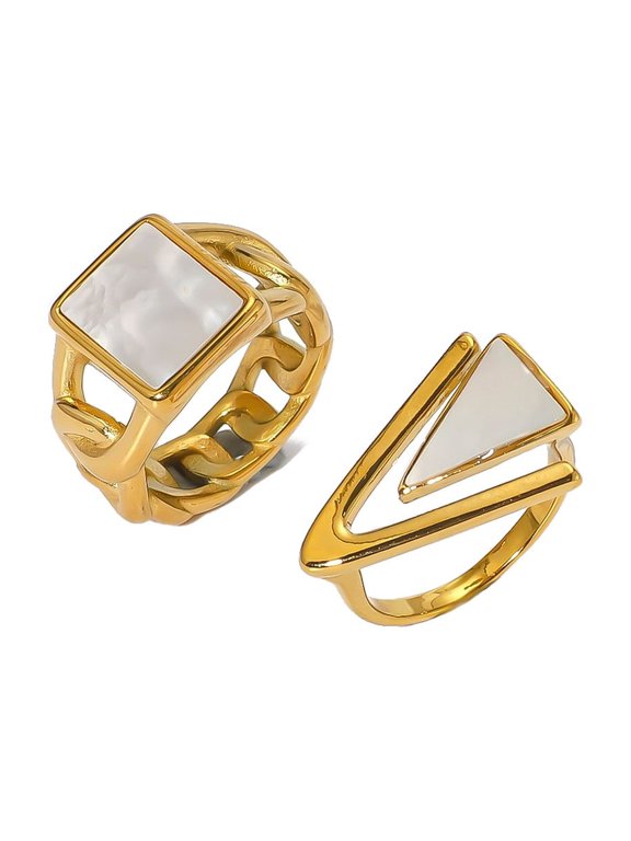 2Pcs Geometric White Imitation Pearl Ring Set for Women, 18K Gold Plated Tarnish Resistant Stainless Steel Vintage Niche Minimal Stackable Finger Jewelry