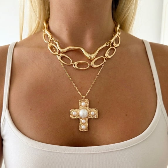 PISONIC 3‑Layer Gold Necklace Set, Irregular Wavy Choker & Oval Link Chain, Faux Pearl Cross Pendant for Women