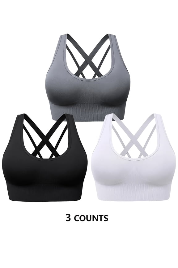 3Pcs Women's Sports Bras - Medium Support Cross-Back Design, Non-Removable Padded Cups, Breathable Medium Elasticity, Solid Color Athletic Bras for Yoga, Gym & Casual Attire