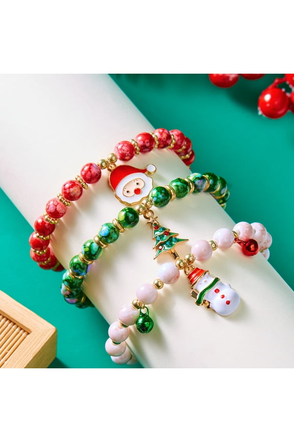 3pcs Christmas Jingle Bell Bracelets Xmas Multi Color Beaded Charm Stretch Bracelet Christmas Holiday Party Favors f