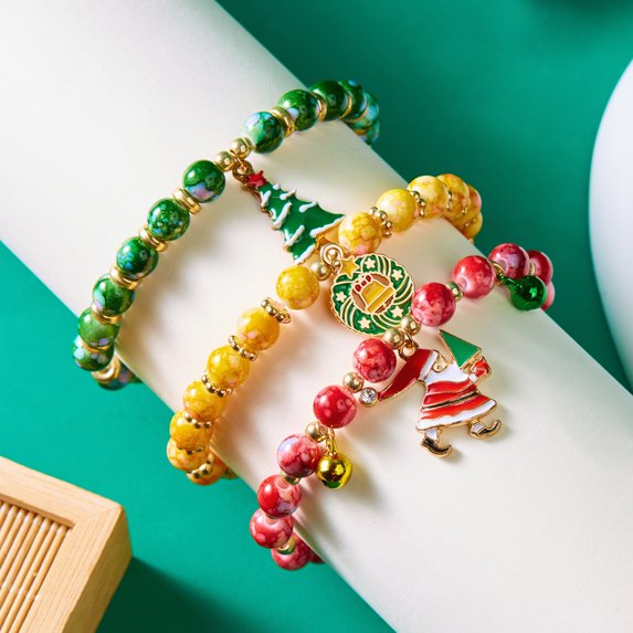 PISONIC 3pcs Christmas Jingle Bell Bracelets Xmas Multi Color Beaded Charm Stretch Bracelet Christmas Holiday Party Favors f