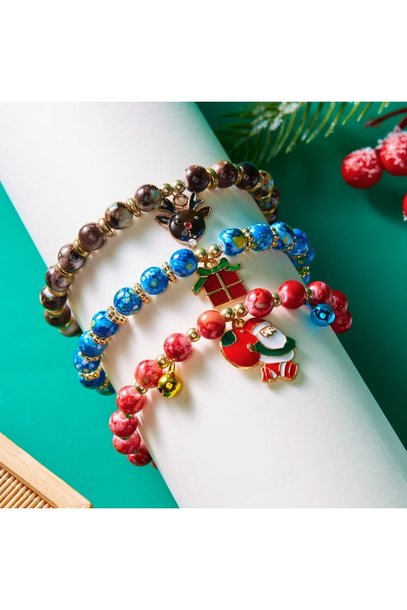 3pcs Christmas Jingle Bell Bracelets Xmas Multi Color Beaded Charm Stretch Bracelet Christmas Holiday Party Favors f