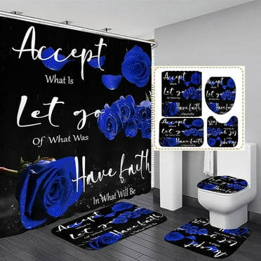 PISONIC 4Pcs Blue Blessing Rose Shower Curtain Set, Bath Curtain with Anti-Slip Mat Toilet Cover Carpet Set and 12 Hooks, Bathroom Accessories Decor Set