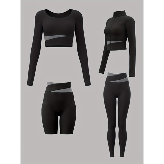 PISONIC 4Pcs Women's Fitness Set with Sports Jacket, Athletic Top, Shorts, and Leggings in Multiple Color Options Suitable for Cycling, Running, and Yoga