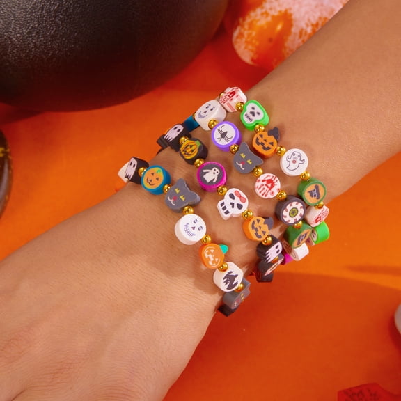 PISONIC 4pcs Halloween Bracelets for Women Pumpkin Ghost Steleton Bat Skull Beaded Stackable Stretchy Bracelets