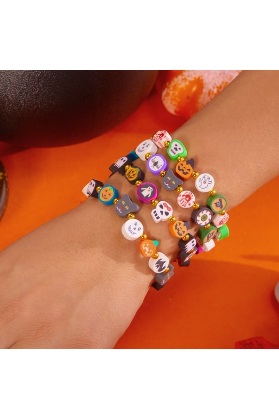 4pcs Halloween Bracelets for Women Pumpkin Ghost Steleton Bat Skull Beaded Stackable Stretchy Bracelets