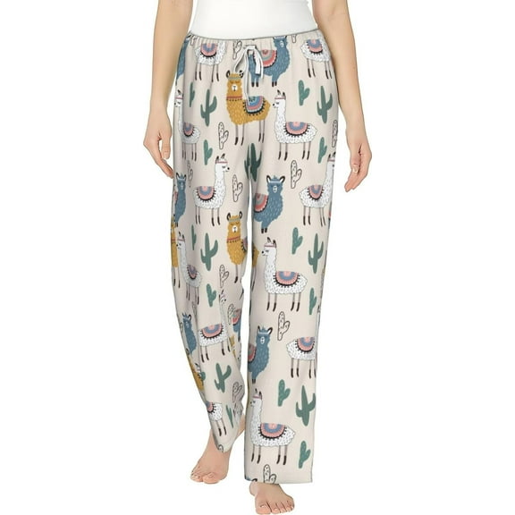 PISONIC Alpaca Cactus Printed Women's Pajama Pants, Comfy Pajama Bottoms With Pockets&Drawstring