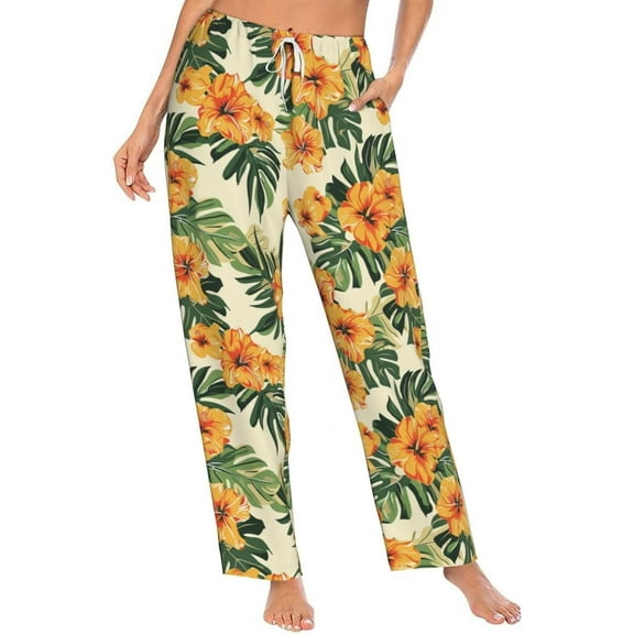 PISONIC American Retro Style Patterns Printed Women's Pajama Pants, Comfy Pajama Bottoms With Pockets&Drawstring