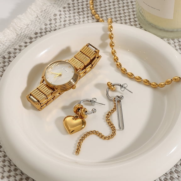 PISONIC Asymmetrical Heart Chain Tassels Earrings Stainless Steel Ear Studs Fashionable Jewelry for Parties and Weddings