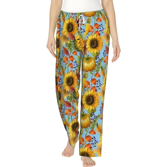 PISONIC Autumn Sunflowers Pumpkins Printed Women's Pajama Pants, Comfy Pajama Bottoms With Pockets&Drawstring