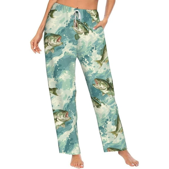 PISONIC Bass Fish Printed Women's Pajama Pants, Comfy Pajama Bottoms With Pockets&Drawstring