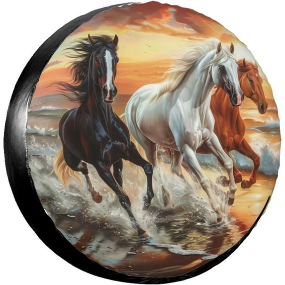 PISONIC Beach Running Horses Spare Tire Cover Weatherproof Universal Wheel Protectors for RV Camper Travel Trailer SUV Truck 14 inch