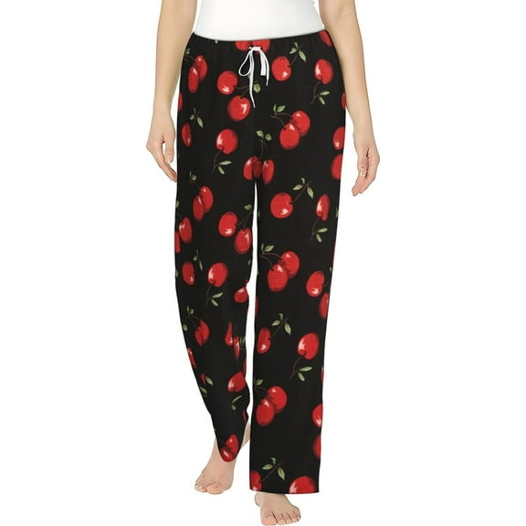 PISONIC Black Sweet Cherry Printed Women's Pajama Pants, Comfy Pajama Bottoms With Pockets&Drawstring