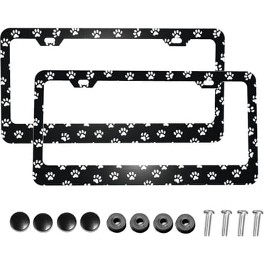 2 Pieces Dog Paw Print License Plate Frames Cat Frames License Plate Cover Aluminum Alloy Covers 4 Valve Stem Caps 2 Paw Mat Black Frame Black Frame