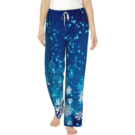 PISONIC Blue Snowflake Printed Women's Pajama Pants, Comfy Pajama Bottoms With Pockets&Drawstring