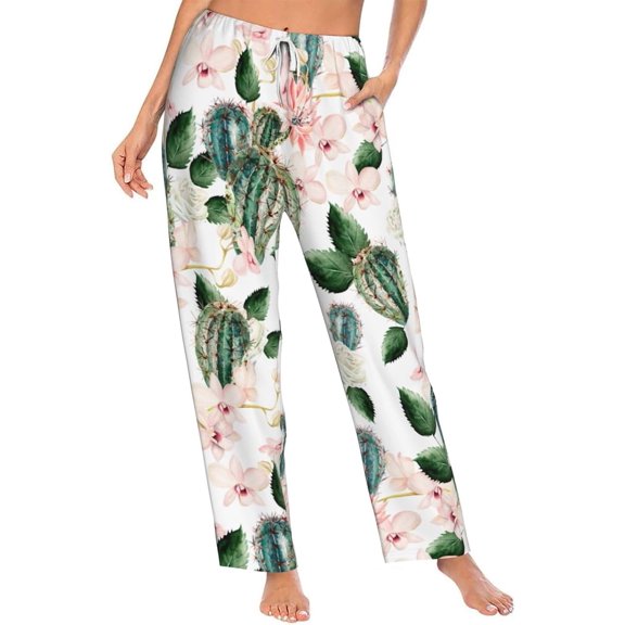 PISONIC Cactus Rose Printed Women's Pajama Pants, Comfy Pajama Bottoms With Pockets&Drawstring