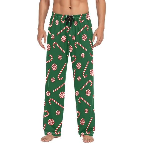 PISONIC Candy Cane Christmas Green Mens Pajama Pants Lounge Men's Pajama Bottoms Soft Sleep Pants With Pockets Drawstring