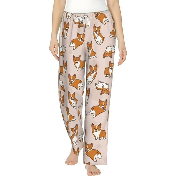 PISONIC Cartoon Corgis Printed Women's Pajama Pants, Comfy Pajama Bottoms With Pockets&Drawstring