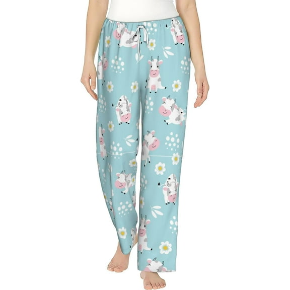 PISONIC Cartoon Cows Printed Women's Pajama Pants, Comfy Pajama Bottoms With Pockets&Drawstring