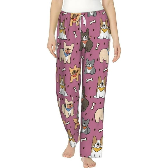 PISONIC Cartoon French Bulldog Printed Women's Pajama Pants, Comfy Pajama Bottoms With Pockets&Drawstring