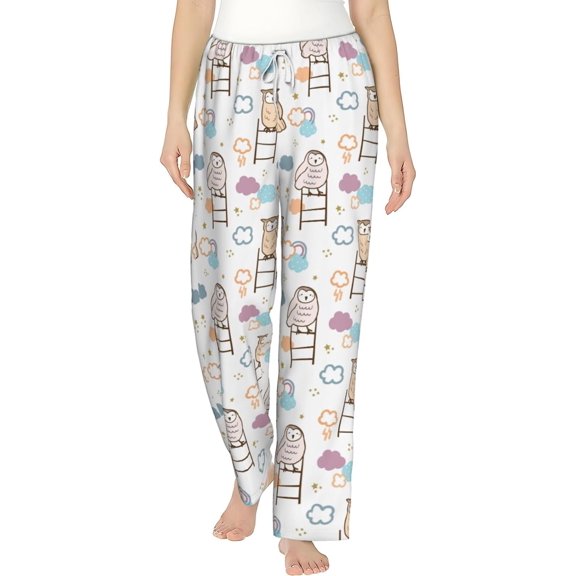 PISONIC Cartoon Owl Puppies Printed Women's Pajama Pants, Comfy Pajama Bottoms With Pockets&Drawstring