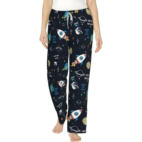 PISONIC Cartoon Space Rockets Printed Women's Pajama Pants, Comfy Pajama Bottoms With Pockets&Drawstring