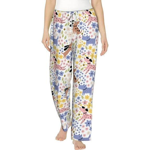 PISONIC Cartoon Summer Dogs Printed Women's Pajama Pants, Comfy Pajama Bottoms With Pockets&Drawstring