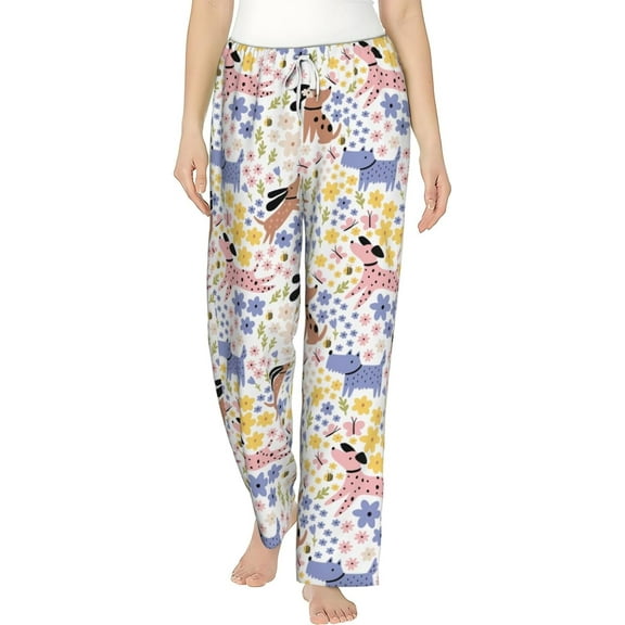 PISONIC Cartoon Summer Dogs Printed Women's Pajama Pants, Comfy Pajama Bottoms With Pockets&Drawstring