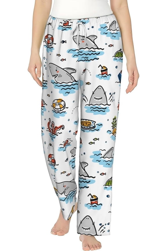 Cartoon Summer Sea Printed Women's Pajama Pants, Comfy Pajama Bottoms With Pockets&Drawstring