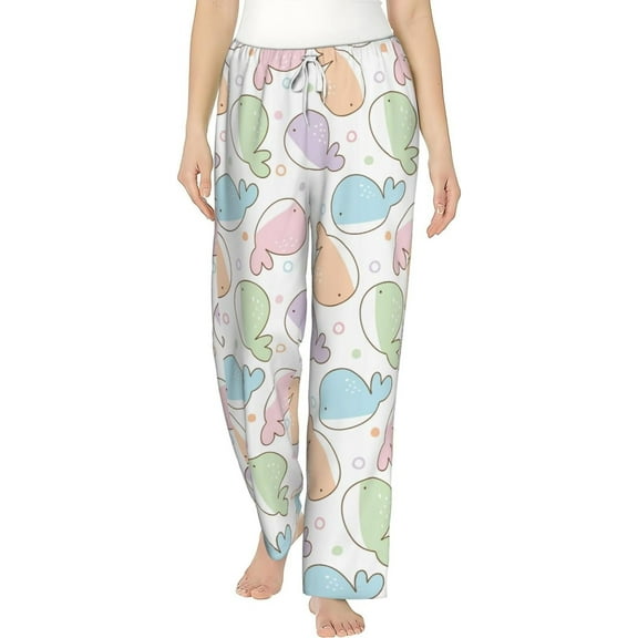 PISONIC Cartoon Whale Printed Women's Pajama Pants, Comfy Pajama Bottoms With Pockets&Drawstring
