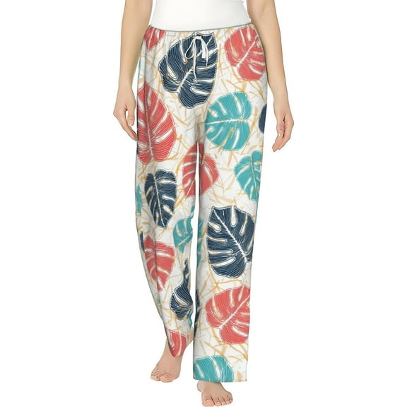 PISONIC Ceriman Striped Leaves Printed Women's Pajama Pants, Comfy Pajama Bottoms With Pockets&Drawstring