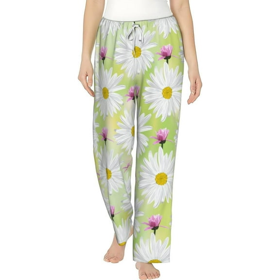 PISONIC Chamomile Flower Printed Women's Pajama Pants, Comfy Pajama Bottoms With Pockets&Drawstring