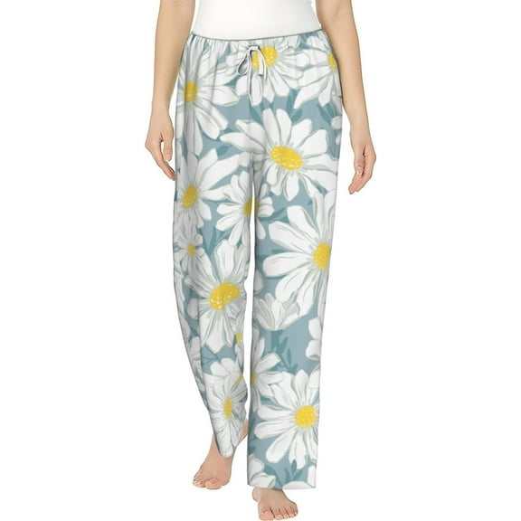 PISONIC Chamomile Flowers Printed Women's Pajama Pants, Comfy Pajama Bottoms With Pockets&Drawstring