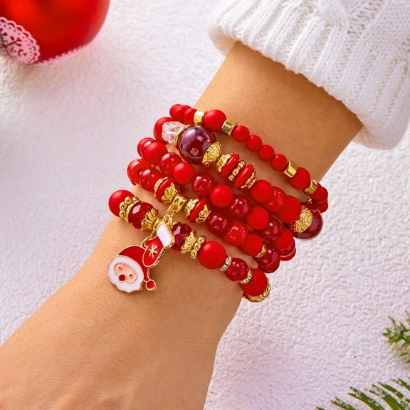 PISONIC Christmas Beaded Bracelets Set for Women, Handmade Clay Beads Letter Stretch Bracelets Bulk, Adjustable White Red Green Friendship Stackable Holiday Jewelry Gift