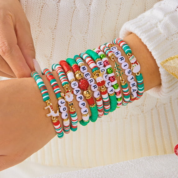PISONIC Christmas Bracelets for Women Beaded Stretch Bracelet Holiday Charm Bracelets Jewelry Gifts Christmas Stocking Stuffers Accessories