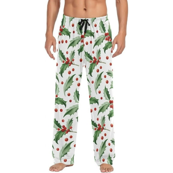 PISONIC Christmas Holly Leaves Mens Pajama Pants Lounge Men's Pajama Bottoms Soft Sleep Pants With Pockets Drawstring
