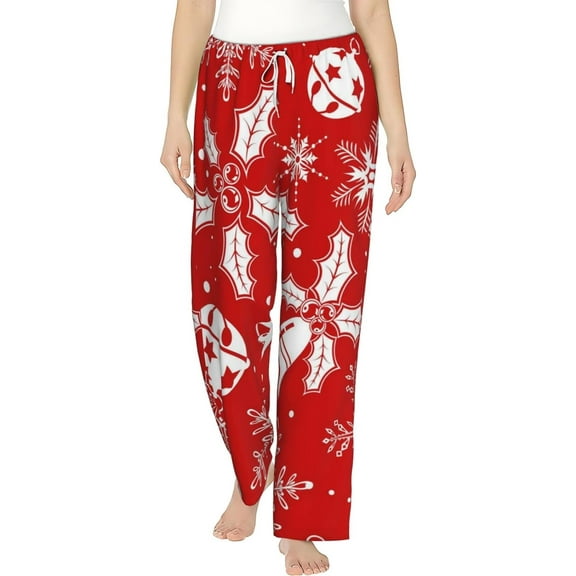 PISONIC Christmas Red Printed Women's Pajama Pants, Comfy Pajama Bottoms With Pockets&Drawstring