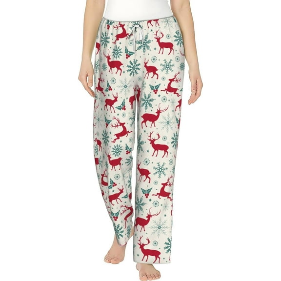 PISONIC Christmas Reindeer Printed Women's Pajama Pants, Comfy Pajama Bottoms With Pockets&Drawstring