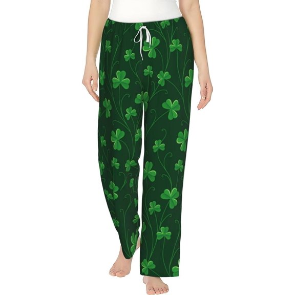 PISONIC Clover on Dark Green Printed Women's Pajama Pants, Comfy Pajama Bottoms With Pockets&Drawstring