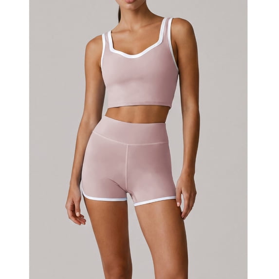 PISONIC Color Block 2 Piece Yoga Outfits, High Waist Butt Lifting Biker Shorts & Shockproof Square Neck Sports Bra Set, Summer Breathable Workout Gym Activewear Sets for Women