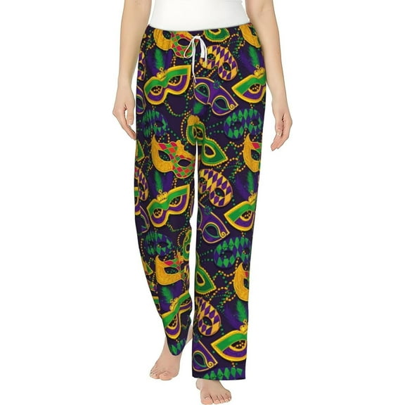 PISONIC Colorful Mask for Mardi Gras Printed Women's Pajama Pants, Comfy Pajama Bottoms With Pockets&Drawstring