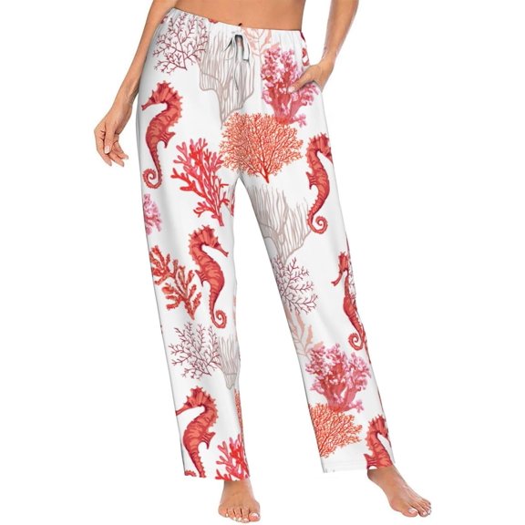 PISONIC Corals Sea Horse Printed Women's Pajama Pants, Comfy Pajama Bottoms With Pockets&Drawstring