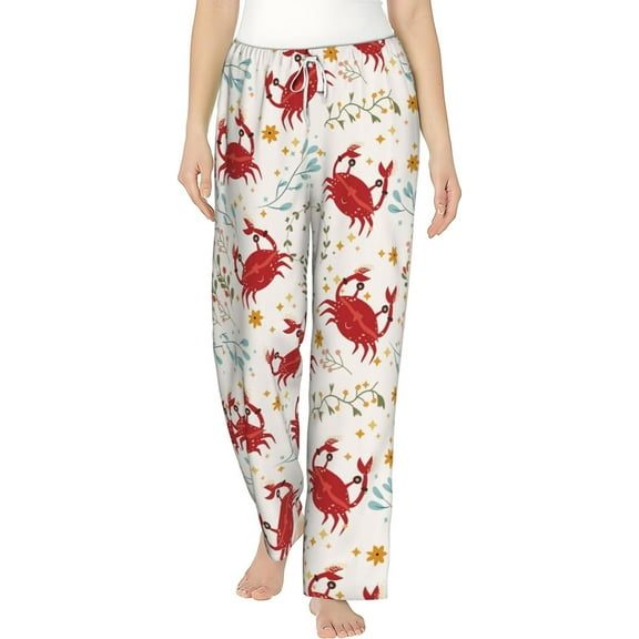 PISONIC Crab Colorful Leaves Printed Women's Pajama Pants, Comfy Pajama Bottoms With Pockets&Drawstring