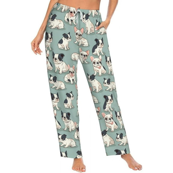 PISONIC Cute Cartoon Kawaii Bulldogs Printed Women's Pajama Pants, Comfy Pajama Bottoms With Pockets&Drawstring