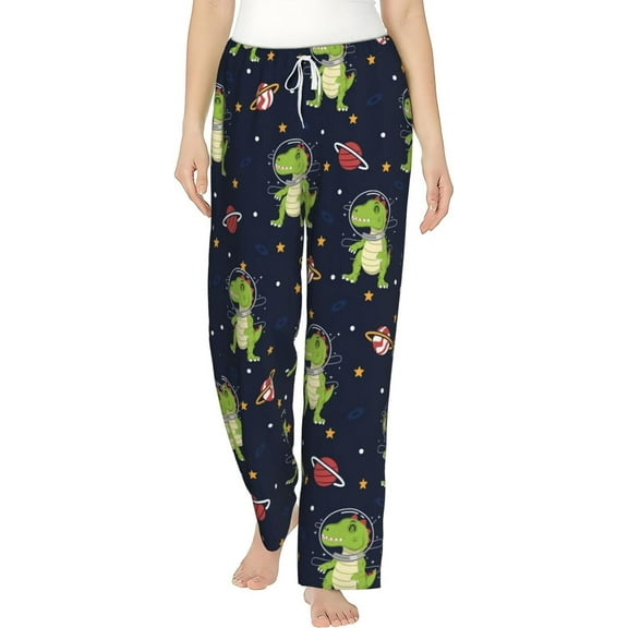 PISONIC Cute Dinosaur Astronaut Printed Women's Pajama Pants, Comfy Pajama Bottoms With Pockets&Drawstring