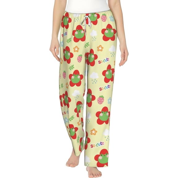PISONIC Cute Face Frog Flower Printed Women's Pajama Pants, Comfy Pajama Bottoms With Pockets&Drawstring