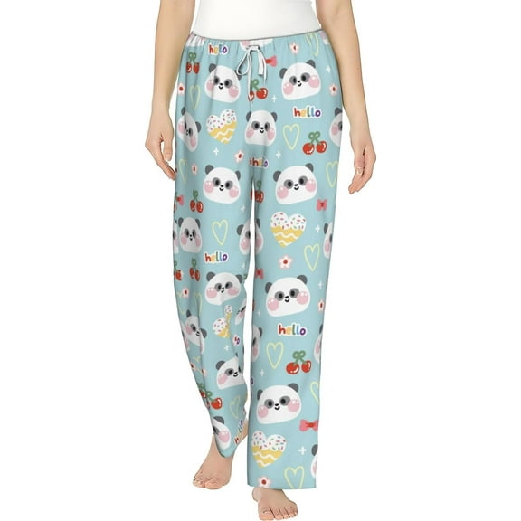 PISONIC Cute Panda Bear Face Printed Women's Pajama Pants, Comfy Pajama Bottoms With Pockets&Drawstring